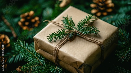 Rustic Gift Wrapped with Twine and Evergreen Sprig