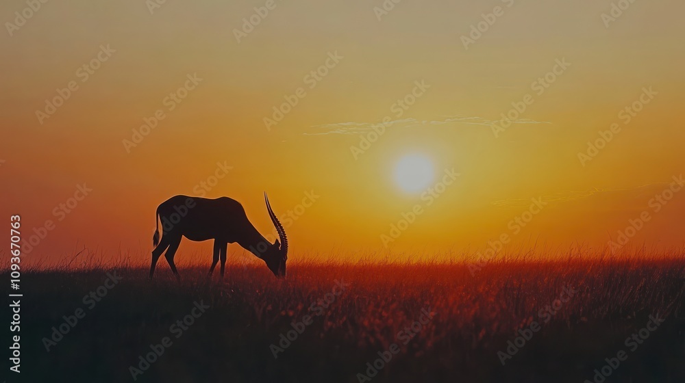 A lone antelope grazes in the serene stillness of the Savannah, its silhouette striking against the vibrant colors of the setting sun, evoking a sense of solitude. A lone antelope grazes in the serene stillness of the Savannah, its silhouette striking against the vibrant colors of the setting sun, evoking a sense of solitude.