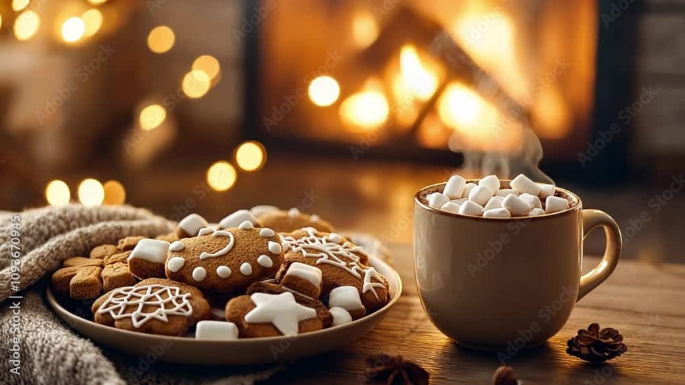 Cozy winter scene with a mug of hot cocoa and gingerbread cookies. Cozy winter scene with a mug of hot cocoa and gingerbread cookies.