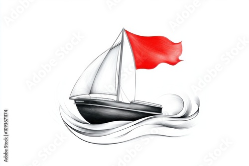 Minimalist Sailboat Design with Red Sail and Dynamic Wave Elements photo