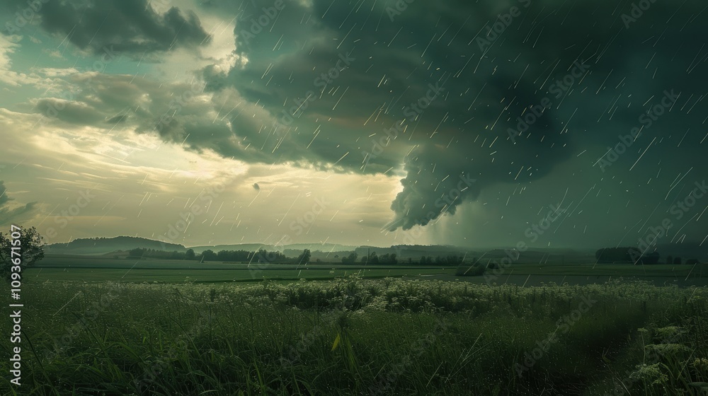 Fototapeta premium Dramatic Summer Thunderstorm Over Rural Landscape with Green Fields and Rain