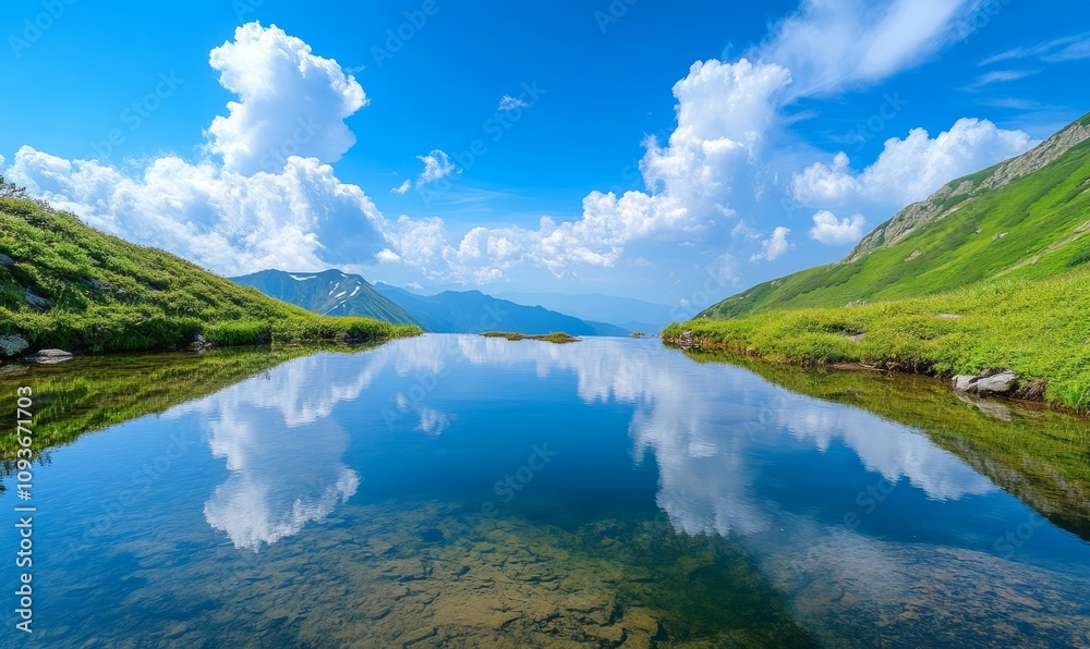 A peaceful mountain landscape with a clear pond reflecting the blue sky and clouds A peaceful mountain landscape with a clear pond reflecting the blue sky and clouds