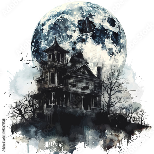 A watercolor vector of Full Moon Behind Haunted House, isolated on a white background. Haunted House vector.
