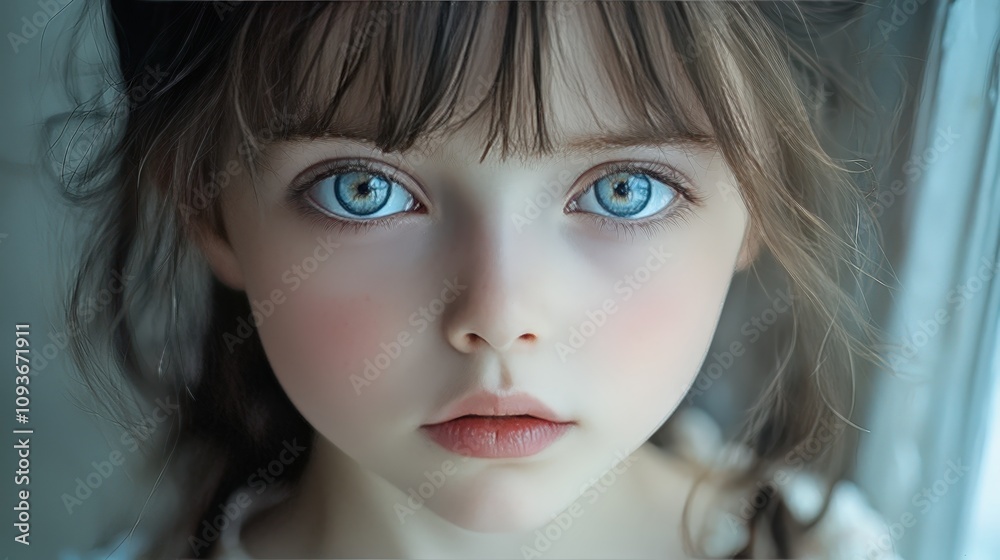 Close-up of a young girl with captivating blue eyes, soft natural makeup, and delicate facial features in natural light Close-up of a young girl with captivating blue eyes, soft natural makeup, and delicate facial features in natural light
