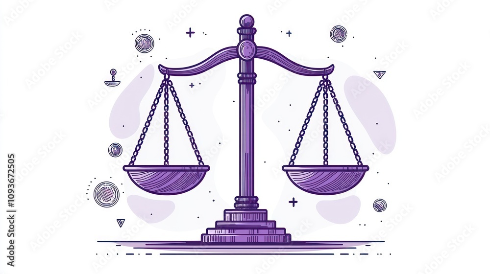 Purple Outline Drawing of a Scale with Abstract Shapes