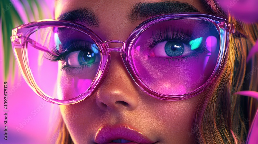 Vibrant close-up portrait of woman with oversized pink glasses and reflective lenses Vibrant close-up portrait of woman with oversized pink glasses and reflective lenses