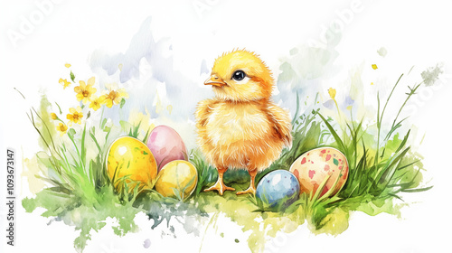 Illustration watercolor little chick and easter eggs 