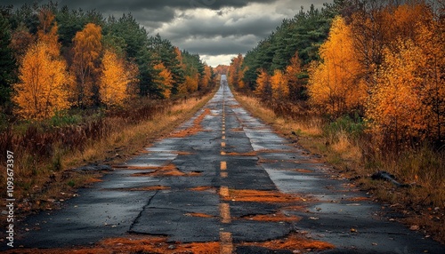 A Winding Road Through Autumnal Forest with a Cloudy Sky photo