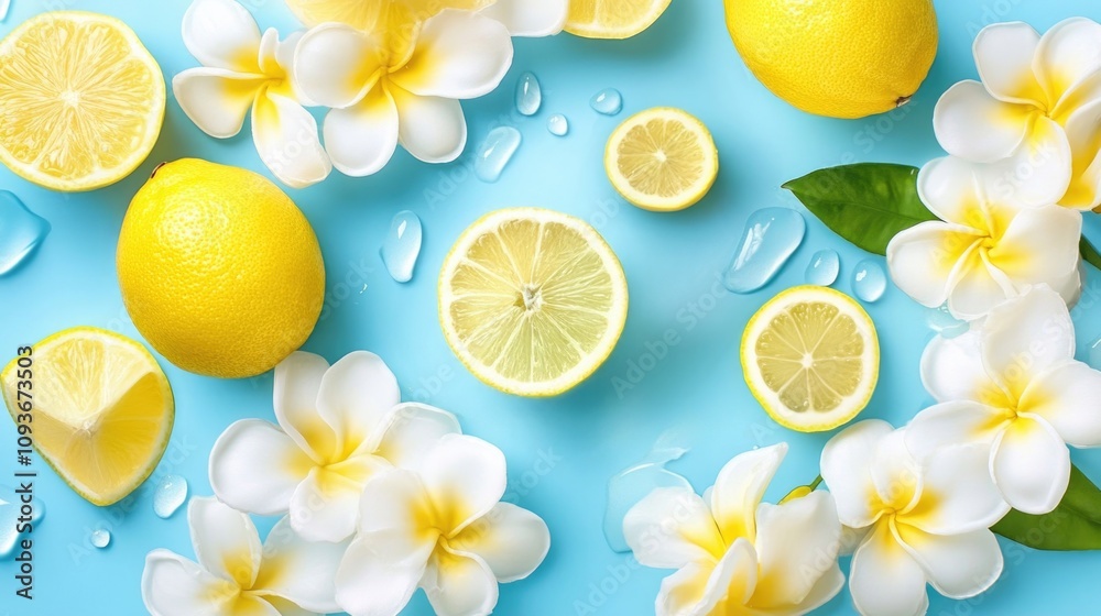 Refreshing lemons and floral arrangement on blue background for summer concepts Refreshing lemons and floral arrangement on blue background for summer concepts