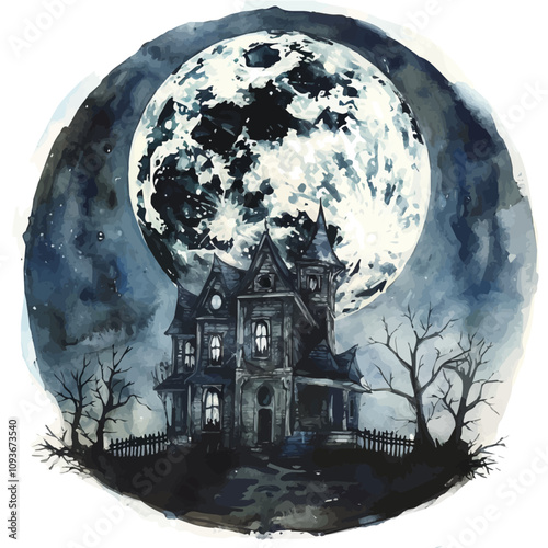 A watercolor clipart of Full Moon Behind Haunted House, isolated on a white background. Haunted House vector.