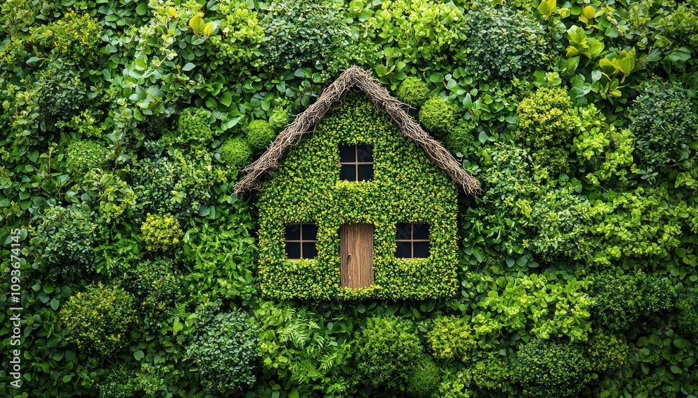 A Miniature House Constructed from Green Foliage on a Lush Wall A Miniature House Constructed from Green Foliage on a Lush Wall