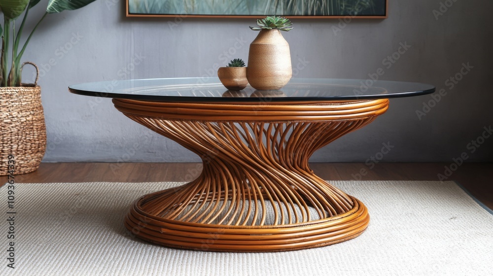 Mid-Century Modern Rattan Coffee Table with Glass Top Mid-Century Modern Rattan Coffee Table with Glass Top