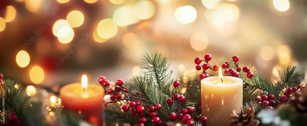 Christmas candles with pine branches and red berries in festive bokeh Christmas candles with pine branches and red berries in festive bokeh
