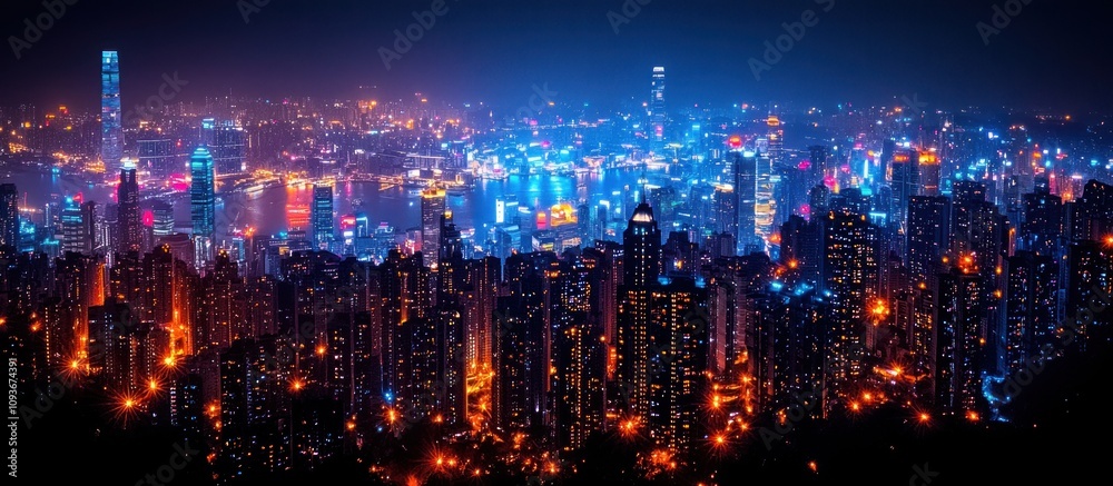 Obraz premium Nighttime View of a Densely Populated City with Illuminated Skyscrapers