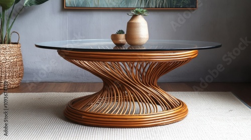 Mid-Century Modern Rattan Coffee Table with Glass Top