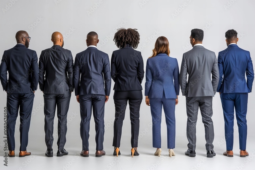 Diverse and Creative Business Team Standing in a Row, Facing Away from Camera against White Background Diverse and Creative Business Team Standing in a Row, Facing Away from Camera against White Background
