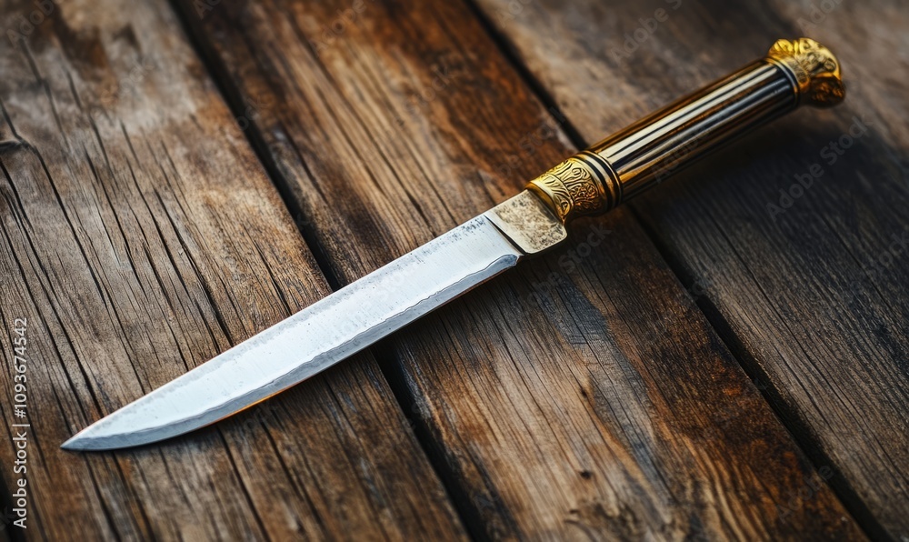A silver knife with a gold handle sits on a wooden table A silver knife with a gold handle sits on a wooden table