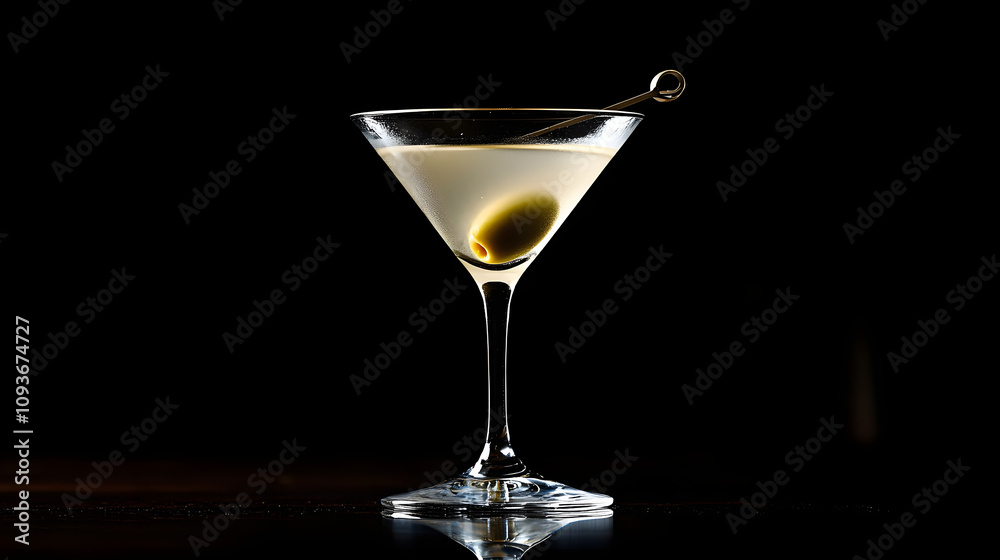 A freshly shaken martini garnished with a single green olive. A freshly shaken martini garnished with a single green olive.