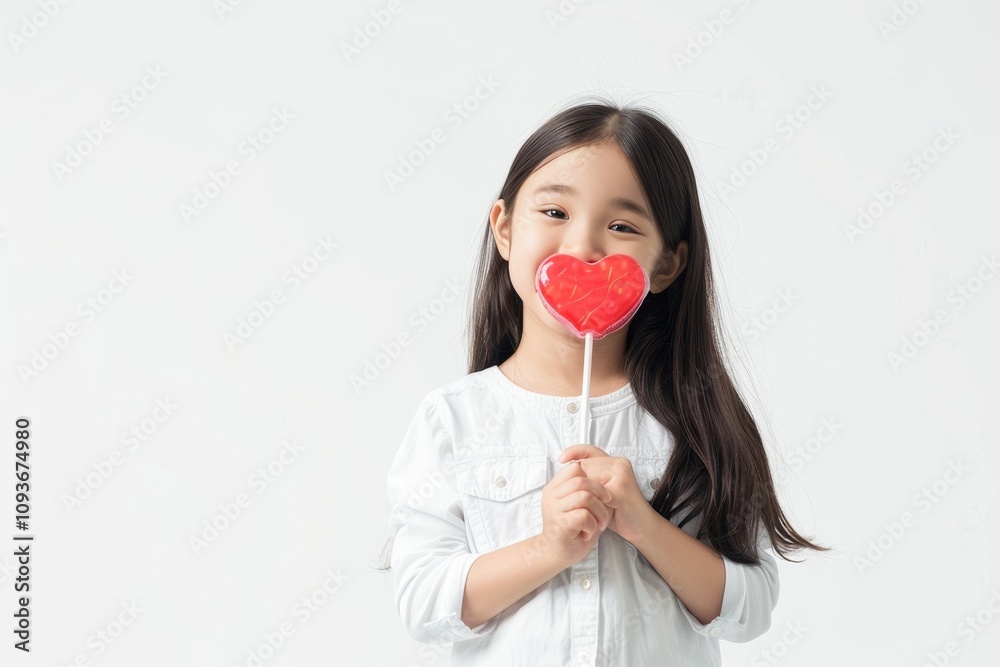 A Happy Girl Enjoying a Colorful HeartShaped Lollipop While Posing Against a Calm, Neutral Background A Happy Girl Enjoying a Colorful HeartShaped Lollipop While Posing Against a Calm, Neutral Background