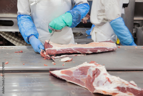 Skilled worker butchering meat in a clean processing facility during daylight hours
