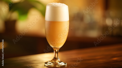 A frothy Belgian wheat beer served in a traditional chalice glass. photo