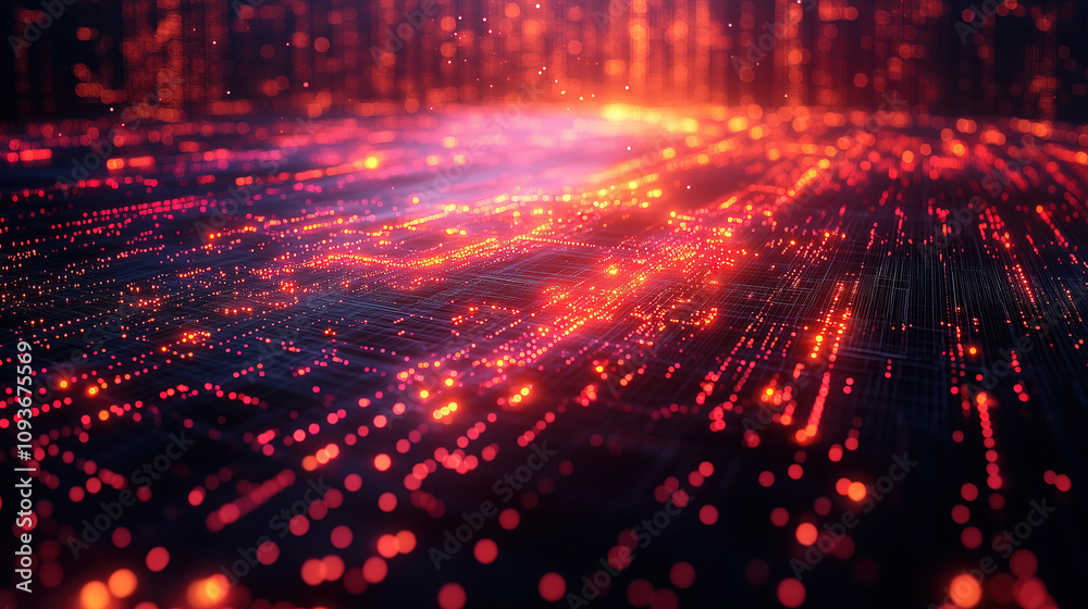 Fototapeta premium Vibrant digital landscape with glowing particles and data streams in an abstract setting. Generative AI