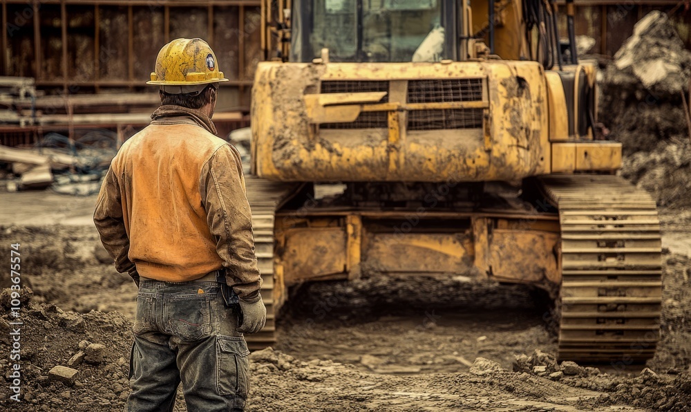 A construction worker stands in front of a large yellow bulldozer at a construction site A construction worker stands in front of a large yellow bulldozer at a construction site