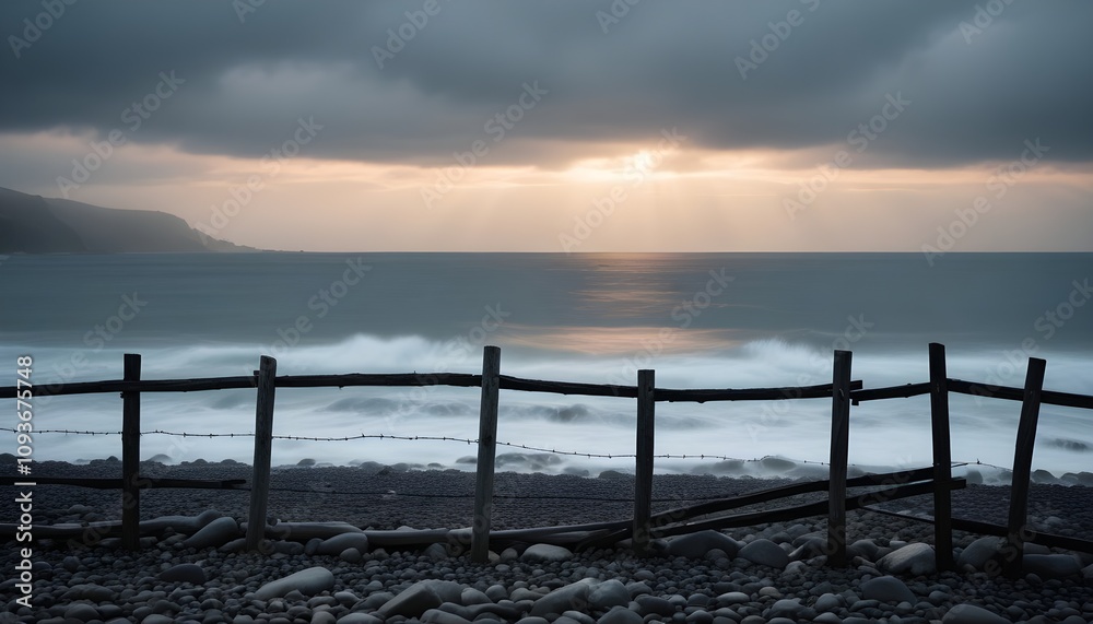 Obraz premium a wooden fence and rocks by the ocean
