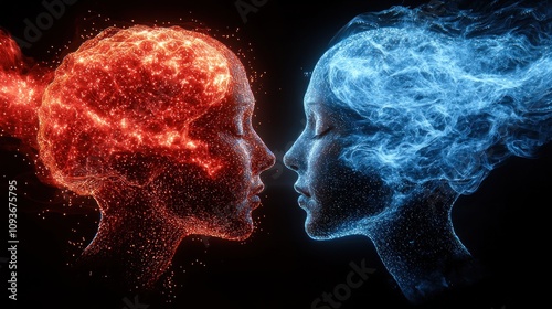 Two Abstract Faces Embracing, One Red and One Blue