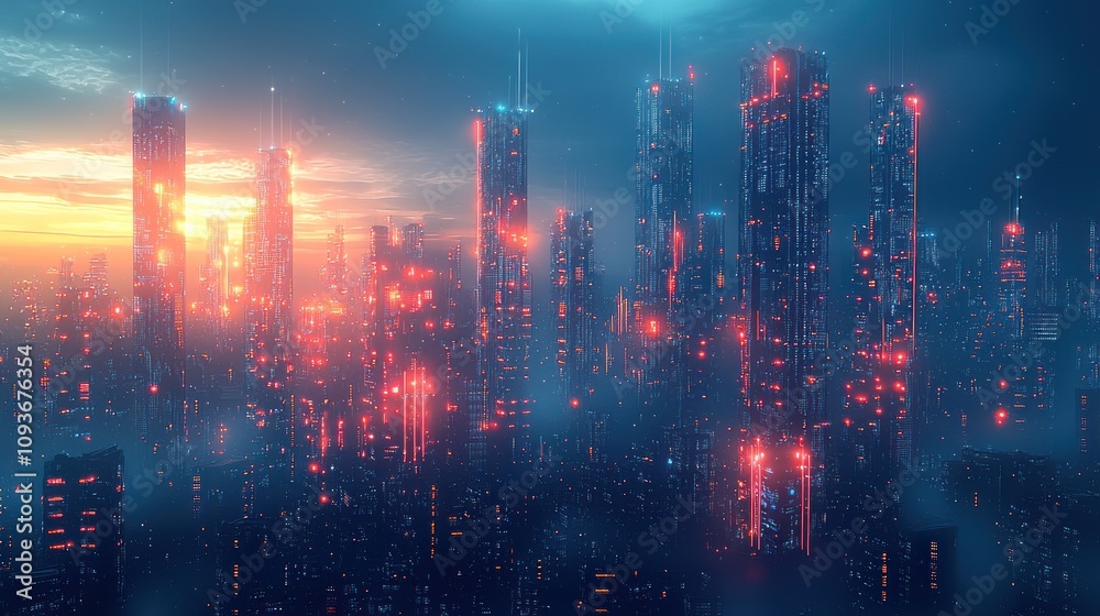 Futuristic Cityscape with Glowing Red and Blue Lights at Dusk Futuristic Cityscape with Glowing Red and Blue Lights at Dusk