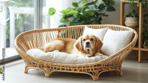 Golden Retriever Dog Bed in Natural Wicker photo