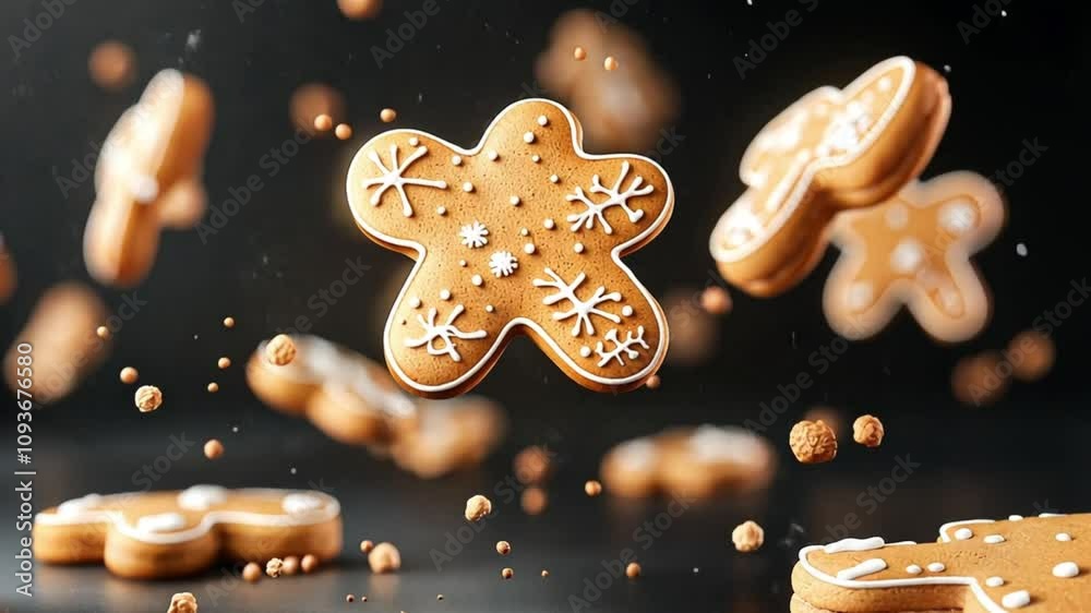Gingerbread cookies with snowflake designs, falling on a dark background. Gingerbread cookies with snowflake designs, falling on a dark background.