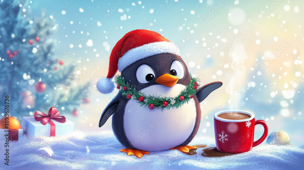 Adorable penguin in a Santa hat and festive wreath sitting in the snow with a red mug of hot chocolate and Christmas gifts. Holiday illustration for seasonal design and greeting cards. Adorable penguin in a Santa hat and festive wreath sitting in the snow with a red mug of hot chocolate and Christmas gifts. Holiday illustration for seasonal design and greeting cards.