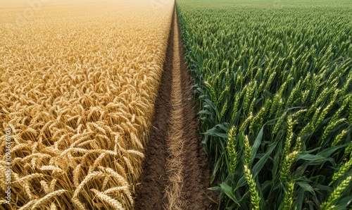 A field of wheat and corn with a furrow in the middle, separating the two crops