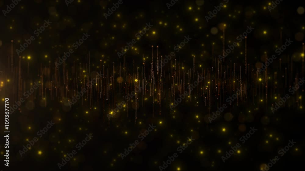 Golden glitter dust particles fly in slow motion in the air lingering slowly. Dust Particles Background Bokeh. Holiday motion background, New year festive holiday celebration vibes, dreamy atmosphere.