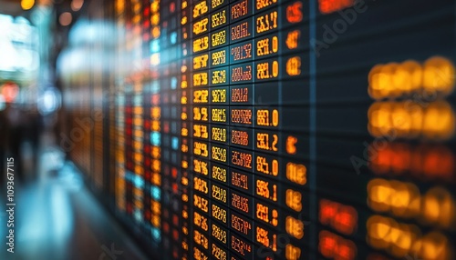 Illuminated Stock Ticker with Blurred City Lights in Background photo