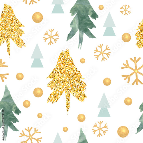 Golden Pine Forest, Watercolor Christmas Tree and Snowflakes. Holiday Background for Party or Gifts. Vector