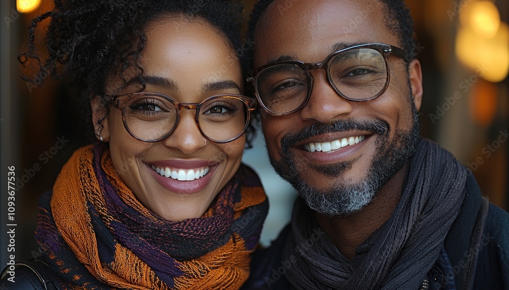 A Couple Wearing Glasses and Scarves Smiling Together A Couple Wearing Glasses and Scarves Smiling Together