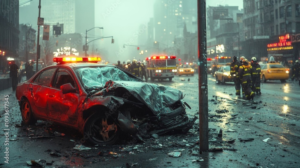 Car crash scene in urban night. Car crash scene in urban night.