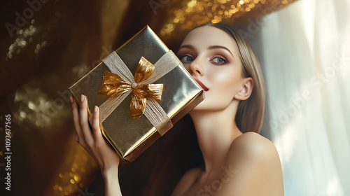 An elegant woman holding a luxurious golden gift box with a sparkling ribbon, surrounded by shimmering light and gold accents, creating a festive atmosphere of opulence and celebration