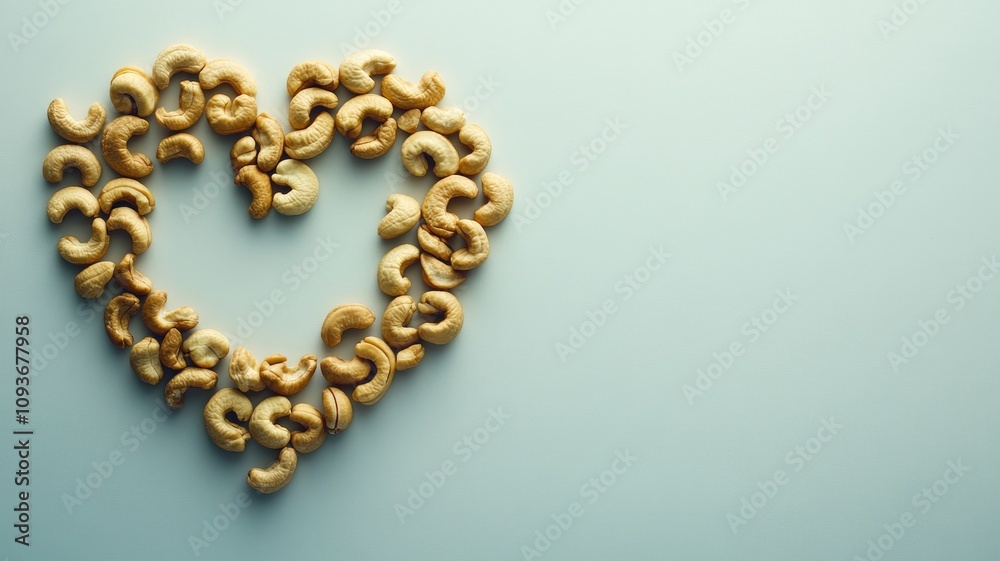 Cashews arranged in heart shape on blue background Cashews arranged in heart shape on blue background