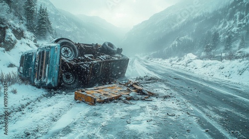 An overturned truck on a snowy road.