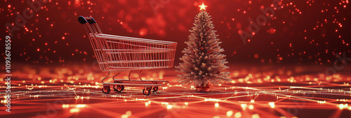 shopping cart surrounded by technological lines, Christmas online shopping