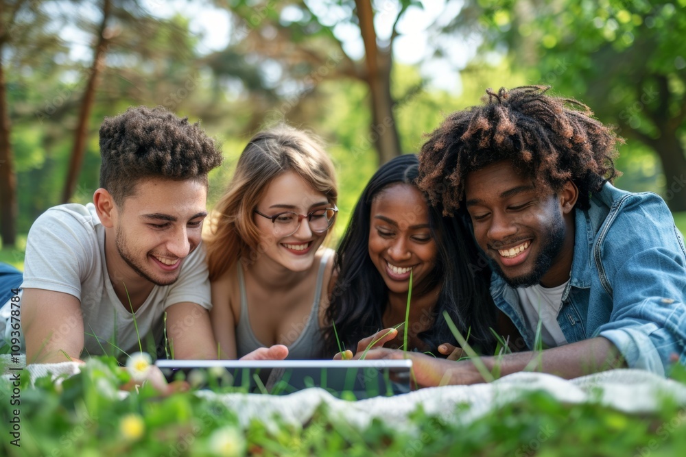 A Group of Friends Enjoying a Relaxing, FunFilled Day in the Park While Using a Tablet for Entertainment A Group of Friends Enjoying a Relaxing, FunFilled Day in the Park While Using a Tablet for Entertainment
