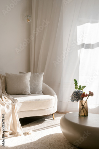 Cozy modern living room with soft lighting and minimalist decor