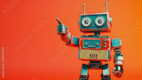 Smiling robot pointing at empty space, ideal for creative designs and concepts.4k image