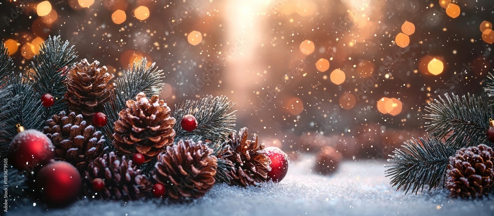 Pine Cones, Evergreen Branches, and Red Ornaments in Snowy Setting with Bokeh Lights Pine Cones, Evergreen Branches, and Red Ornaments in Snowy Setting with Bokeh Lights