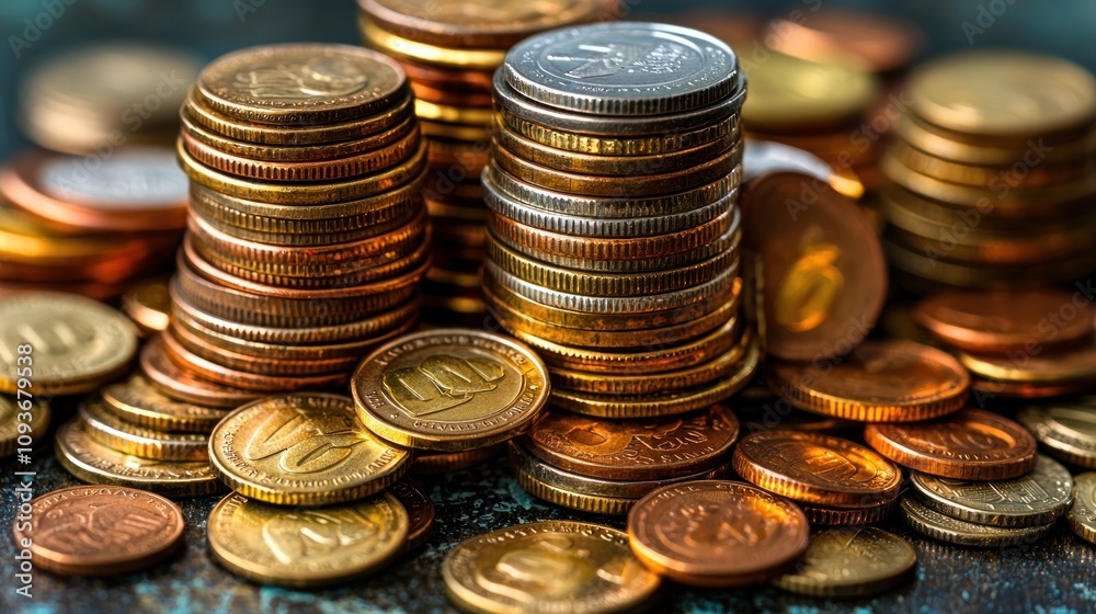 A Close-Up of Stacks of Coins on a Blue Surface A Close-Up of Stacks of Coins on a Blue Surface