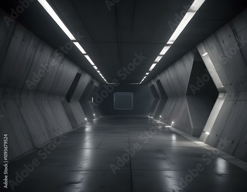 3d render of dark abstract concrete interior tunnel design with lighting.