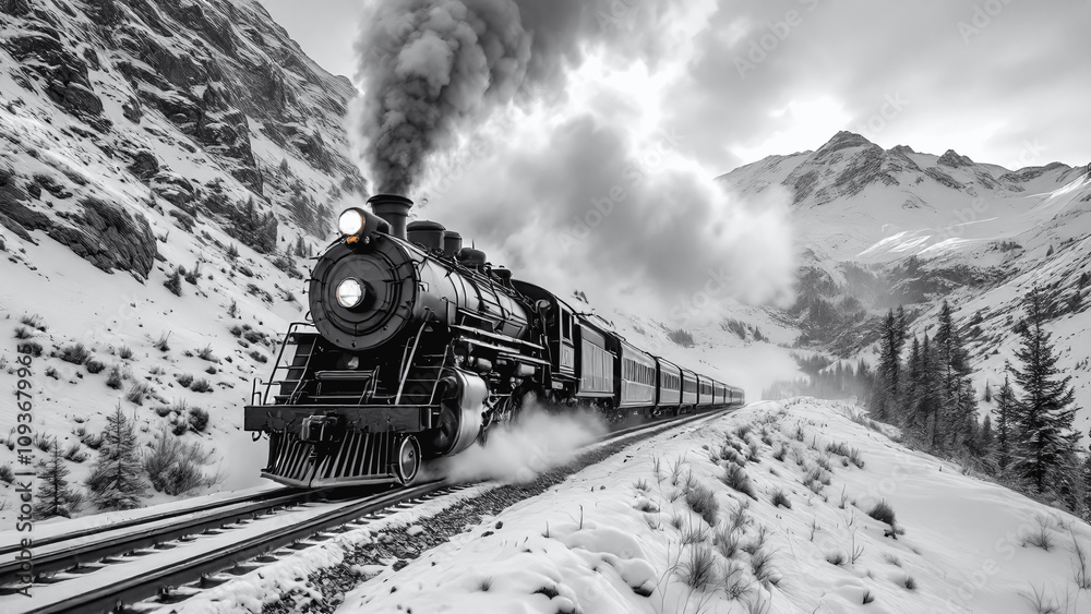 Fototapeta premium Classic Steam Train in a Snowy Mountain Landscape